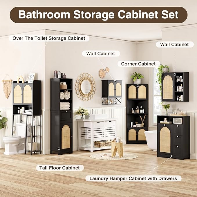 67''H Tall Corner Cabinet with Handmade Rattan Door, Rattan Storage Cabinet with Adjustable Shelves, Corner Bookshelf Space Saver for Barthroom, Kitchen, Living Room, Black