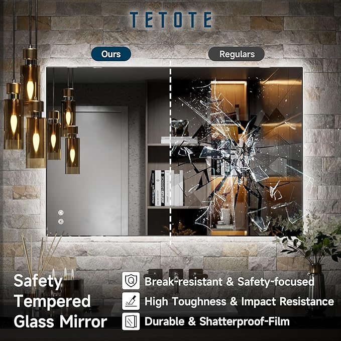 TETOTE Backlit Mirror for Bathroom, 20x28 Inch Vanity Mirror with Light, LED Anti-Fog Bathroom Mirrors, Modern Dimmable, CRI90+, Waterproof Lighted Mirror, Horizontal/Vertical Wall Mirror
