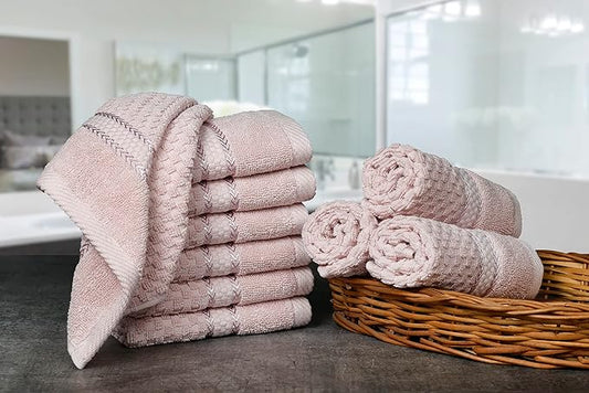 Ample Decor 100% Cotton Soft Pink Washcloths Set of 10- Super Soft, Quick-Dry, Highly Absorbent, Popcorn Textured - Mulaayam Collection - 12 X 12 Inch