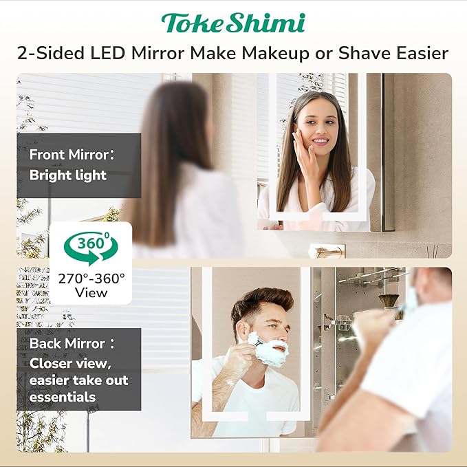 TokeShimi 16x24 Surface Mount or Recessed Medicine Cabinet with Lights 3 Colors Dimmable, Led Medicine Cabinet Mirror with Outlet and Defogger,2-Side Front Lit Bathroom Mirror with Storage