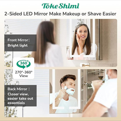 TokeShimi 30x32 Led Medicine Cabinet Mirror with Electrical Outlet, Wall Mounted or Recessed Medicine Cabinet with Light Frontlit, Anti-Fog 3 Colors Dimmable Mirror with Storage for Bathroom