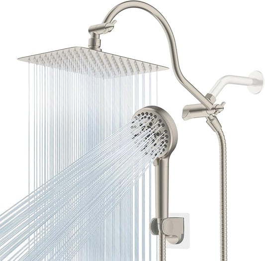 Hibbent All Metal CUPC Certified Shower Head, 10'' High Pressure Rainfall Shower Head, Handheld Showerhead Combo, 12'' Adjustable Extension Arm, 10 Sprays, 71'' Hose, Showerhead Holder, Brushed Nickel