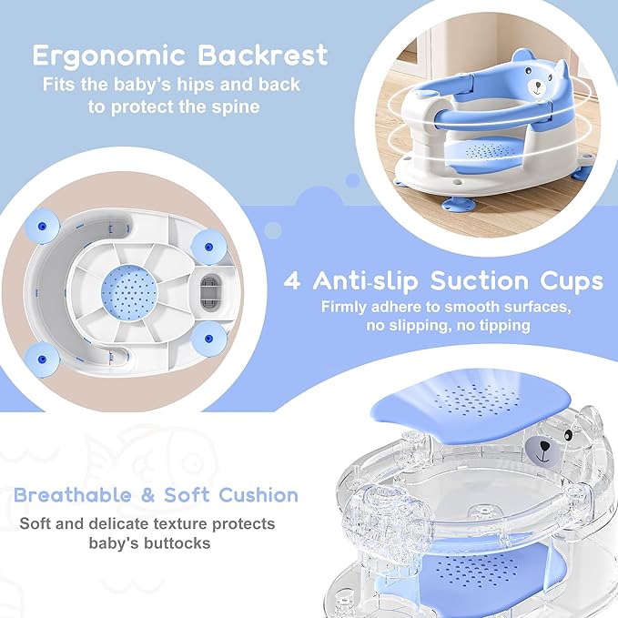 Baby Bath Seat for Babies 6 Months & Up, Toddler Bath Seats for Babies Sitting Up, Non-Slip Infant Bath Tub Chair with 4 Suction Cups & Soft Cushion for Shower, Compact Toddler Bathtub Seat, Blue
