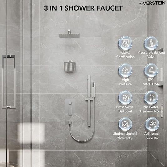 10" High-Pressure Rainfall Shower Faucet with Handheld Spray, Wall Mount Dual Shower Head System with Slide Bar (Brushed Nickel)