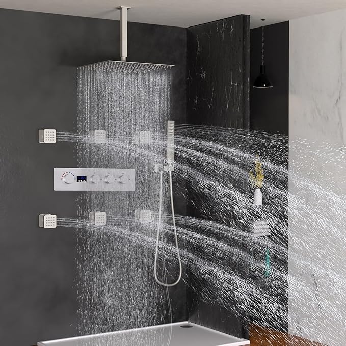 Triple Function Shower Diverter Valve Digital Display Shower Mixer Valve Kit Replacement Temperature Control Valve (Brushed Nickel)