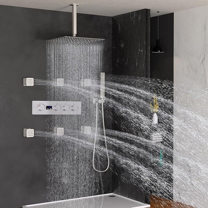 Triple Function Shower Diverter Valve Digital Display Shower Mixer Valve Kit Replacement Temperature Control Valve (Brushed Nickel)