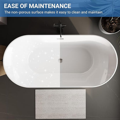 Freestanding Bathtub 59 Inch Oval Acrylic Soaking Tub – Glossy White Flared-Edge Free Standing Bath Tub with Pop-Up Drain & Overflow for Spa Bathrooms