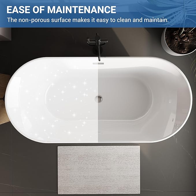59 Inch Acrylic Freestanding Bathtub, Bathtub with Matte Drain and Overflow, Modern Square Tub, Deep Ergonomic Design, cUPC Certified, Double-Walled Insulation, Easy Install and Safe Use, White