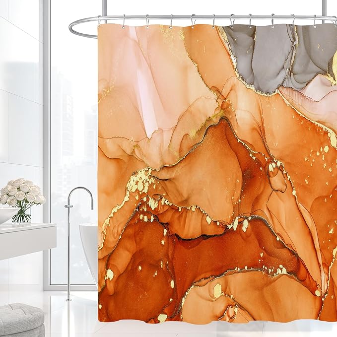 Small Stall Marble Shower Curtain 36 x 72 Inch, Half Narrow Abstract Modern Shower Curtains for Bathroom, Luxury Art Ink Texture Fabric Shower Curtain Set with Hooks, Orange