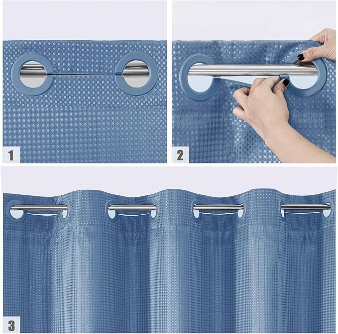 MitoVilla Blue Long Shower Curtain Liner Set 72 x 80, No Hooks Needed 80 inch Long Heavyweight Waffle Fabric Shower Curtain Set with Snap-in Liner for Hotel Grade Spa-Like Bathroom Decor
