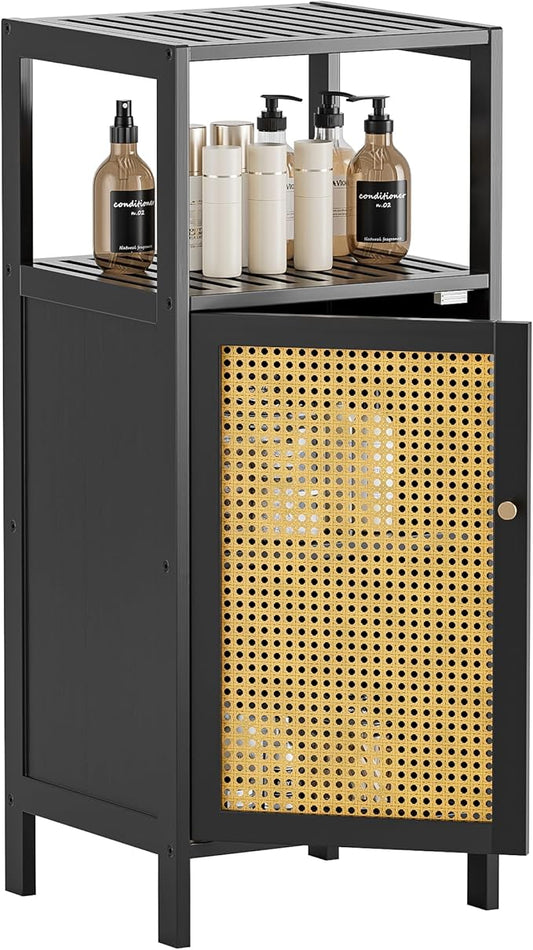 HITNET Bamboo Floor Cabinet, Small Bathroom Storage Cabinet with Single Rattan Door, Narrow Side Storage Organizer Unit Freestanding Space Saving Kitchen Cupboard, Black