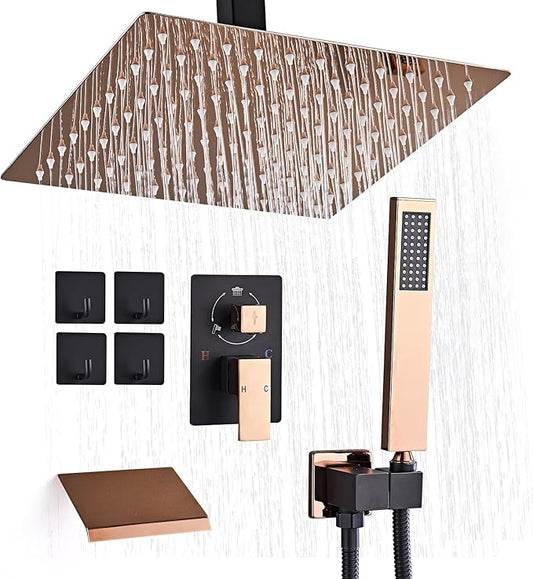 12 Inch Ceiling Mount Shower System Matte Black Gold Rain Mixer Shower Combo Set High Pressure Rainfall Shower Head System Bathroom Luxury Shower Faucet Set Rough-in Valve and Trim Included