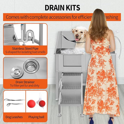 38" Stainless Steel Dog Cat Pet Grooming Bath Tub (w/Faucet, Sprayer, Shampoo Rack),Left Door