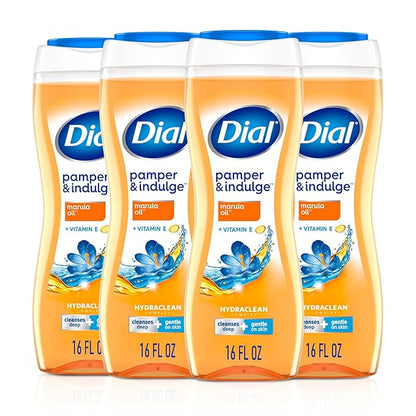 Dial Body Wash, Pamper & Indulge Marula Oil, 16 Fl Oz (Pack of 4), Hydraclean Complex & Vitamin E, Gentle, Leaves Skin Feeling Nourished, Dermatologist-Tested, No Parabens & Sulfates