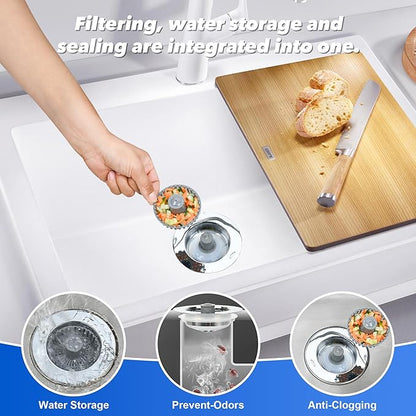 Elegant Brass Kitchen Sink Stopper with 3-in-1 Function - Easy-Clean Bounce core Strainer, Perfect for Standard Sink Drain, Durable Kitchen Sink Drain Strainer（Silver）