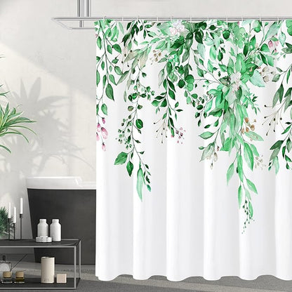 Gibelle Extra Long Shower Curtain 72 x 84, Emerald Green Floral Shower Curtain for Bathroom, Watercolor Plant Eucalyptus Leaves Fabric Shower Curtain Set