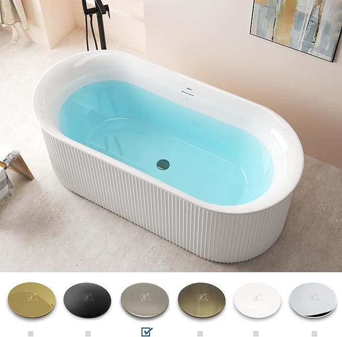 FerdY Nami 67" Acrylic Freestanding Bathtub, V Shape Freestanding Soaking Acrylic Bathtub, Modern White, cUPC Certified, Brushed Nickel Pop-Up