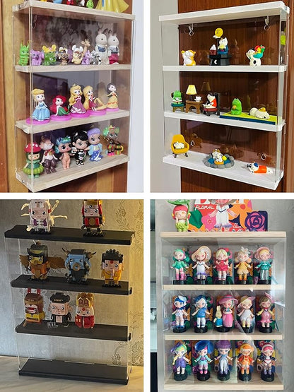 Choowin 3 Layer Wall Shelf Clear Acrylic Display Case for Collectibles, Mini Figures, Pop Mart, Labubu, Sonny Angel, Smiski - Assemble Dustproof Acrylic Display Box with Sliding Door (Black)