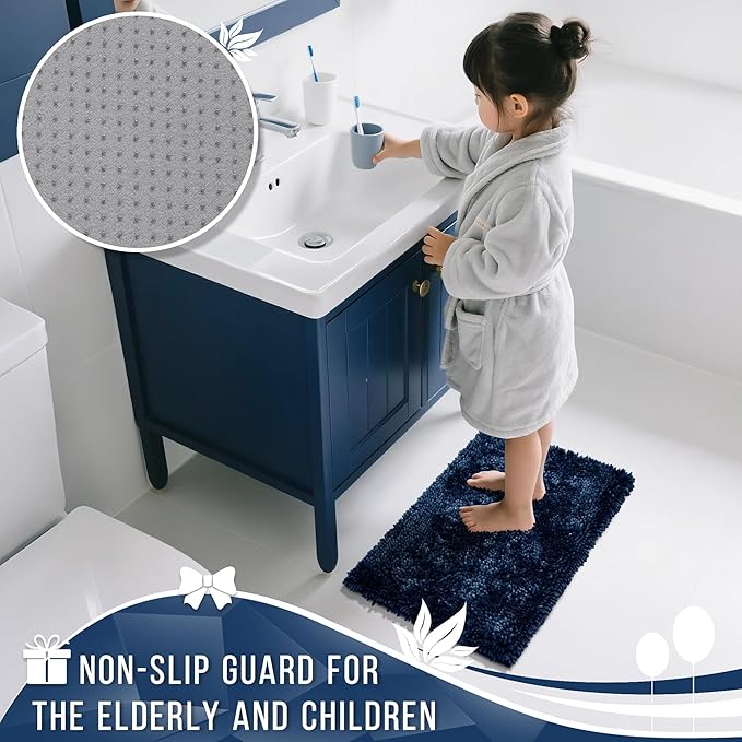 Yimobra Chenille Bathroom Rugs Non Slip, Extra Thick Soft Absorbent Bath Rug 31.5x20 Inch, Machine Washable Quick Dry Bath Mat for Bathroom Floor, Tub and Shower, Home Decor Accessories, Navy Blue