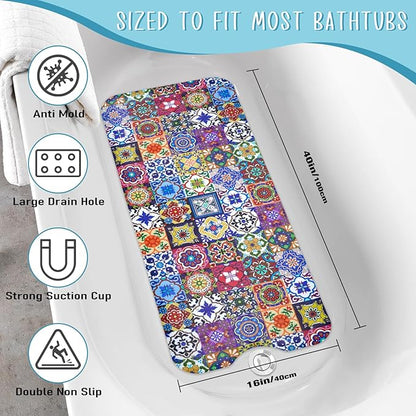 Boho Bathtub Mat Non Slip, Vintage Bath Tub Mat Baby Bath Mats for Bathroom Anti Slip Shower Mats for Inside Shower, Colorful Floral Bathmat with Suction and Drain Holes Machine Washable, 40″x16″