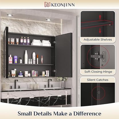 Keonjinn 40 x 32 Inch Large Black Medicine Cabinets, Recessed Bathroom Medicine Cabinet, Gloss Black Stainless Steel Framed, Sturdy & Heavy, Adjustable Shelves, Oversized Bathroom Mirror with Storage