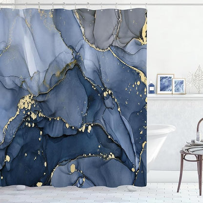 Extra Long Shower Curtain 72 x 96 Inch, Navy Blue Floor to Ceiling X-Long Abstract Marble Shower Curtains for Bathroom, Modern Luxury Art Ink Fabric Shower Curtain Set with Hooks