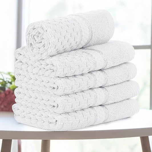 Ample Decor Christmas White Wash Cloth Set of 5 100% Cotton - Popcorn Textured - Mulaayam Collection - 12 X 12 Inch