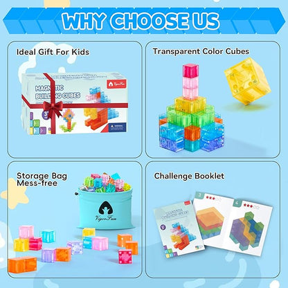 VigorFun Magnetic Blocks Set, Magnet Building Blocks with Toy Figurine and Storage Bag for Kids Gifts, STEM Educational Preschool Sensory Toys for Toddlers Boys Girls Ages 3-12(Transparent)