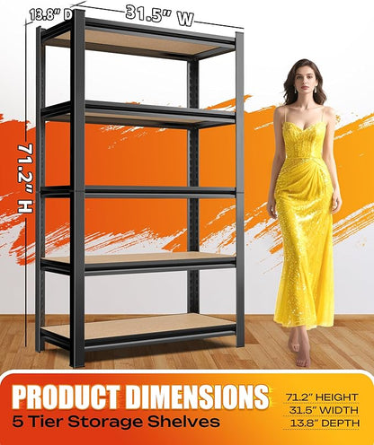 AOAORRG Set of 4 Garage Shelving Heavy Duty Storage Shelves, 5-Tier Metal Adjustable Shelving Unit, Utility Garage Organizer Shelf Rack for Basement, Pantry, Warehouse, 31.5"W x 13.8"D x 71.2"H, Black