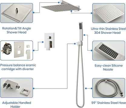 WELLFOR 12-In Wall Mounted Rain Shower Faucet with Single Handle and Handheld Spray, Waterfall Dual Head Shower Head System with 2-way Diverter, Pressure-balanced Valve Included, Brushed Nickel