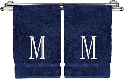 Monogrammed Hand Towel, Personalized Initial Gift, Extra Absorbent 100% Turkish Cotton - Soft Terry Finish - Set of 2 - White Block Initial M - Embroidered on Navy Blue Towels