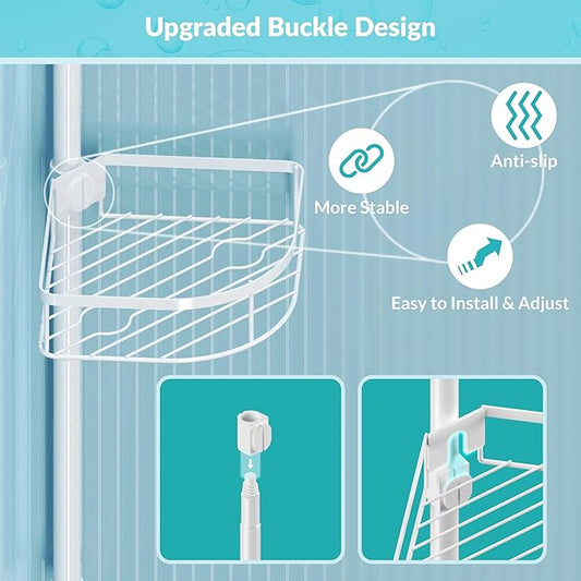 Shower Caddy Tension Pole, 4-Tier Adjustable Corner Shower Standing Caddy, Rustproof Shower Rack for Bathroom Bathtub, with 4 Shelves, No Drilling Shower Shelf for Inside Shower (White)