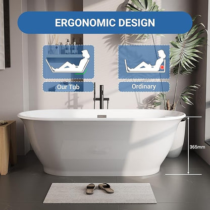 59" Acrylic Soaking Bathtub, Deep Modern Tub with Non-Slip Base, CUPC Certified, Space-Saving Bath with Chrome Drain and Overflow, Easy Install for Small Bathrooms, Gray