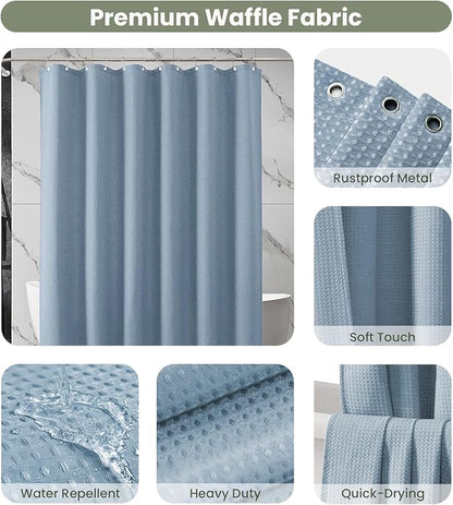 Inhousolu Fabric Shower Curtain Waffle Weave, Fog Blue 230 GSM Heavy Duty, Weighted Hem, 14 Metal Hooks, Water Repellent, Machine Washable, Hotel Spa Luxury Bath Curtain Set, 72 x 72 Inch