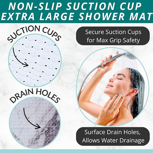 ENKOSI Extra Large Square Non Slip Shower Mat - 31 x 31-inch XL Bathroom Shower Mat - Square Shower Matts for Shower Stall Floors - Secure Suction Cups and Drain Holes (31x31 Marble Grey)