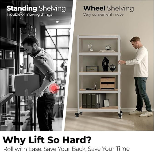 HOMEDANT House 5-Tier Metal Rolling Cart Shelf Rack Casters Heavy Duty Laminated Wheel Shelving Unit Adjustable Utility Storage Shelves Organizer Shelf Kitchen Garage (2, (S) 24.4" W, White)