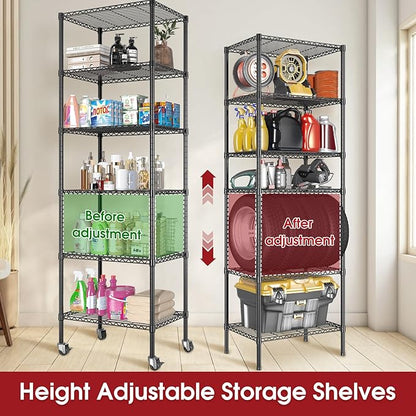 6-Tier Rolling Storage Shelves, 14" D x 24" W x 71" H Adjustable Space-Saving Wire Rack Shelving, 750 lbs Capacity Heavy Duty Metal Shelving with Wheels for Garage, Closet, Kitchen