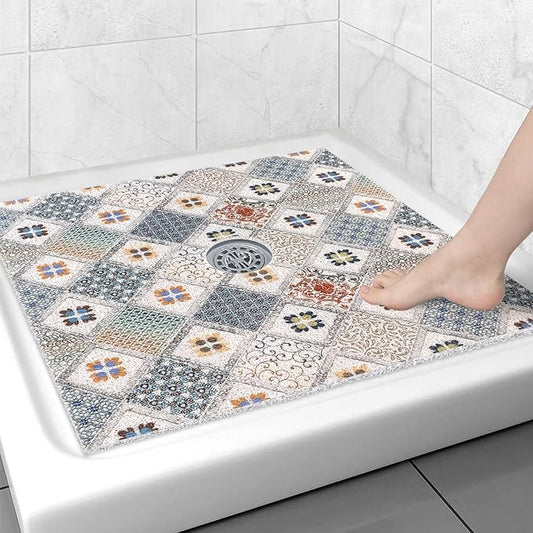 Square Shower Mat Non Slip: 31x31 Inch Extra Large Shower Floor Mat with Drain Hole in Middle - Soft PVC Loofah Bath Mat for Shower - Anti Slip Shower Stall Mat for Elderly and Kids