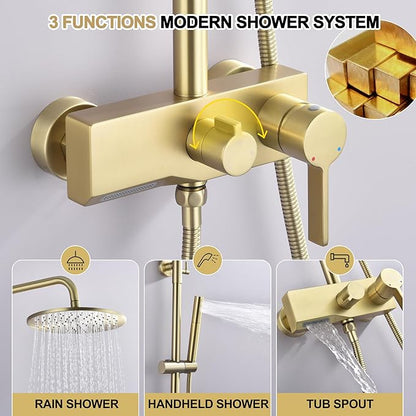 Brushed Gold Exposed Shower System with 2 Modes HandHeld,3 Functions Tub Shower Faucet Sets with Brass Valve, Shower Fixture with 10 Inches Rainfull Shower Head,Shower Height Adjustable