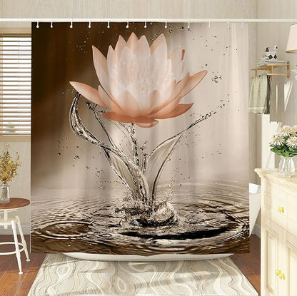 Lotus Shower Curtain Orange Flower Elegant Blooming Floral with Dew Spring Flower Reflection on Water Modern Romantic Polyester Fabric Bathroom Decor 70×78 Inch with Hook