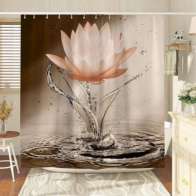 Lotus Shower Curtain Orange Flower Elegant Blooming Floral with Dew Spring Flower Reflection on Water Modern Romantic Polyester Fabric Bathroom Decor 70×84 Inch with Hook