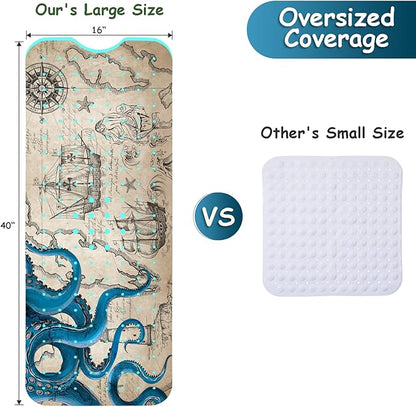 Bathtub Mat Non Slip, Octopus Extra Long Bath tub Mat Shower Floor Mat with Suction Cups and Drain Holes for Adults Kids Elderly 40 X 16 Inch
