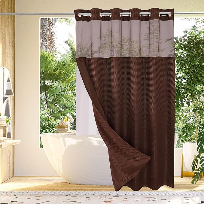 Gibelle Long Shower Curtain 72x80, Waffle Weave Bathroom Shower Curtain with Snap-in Fabric Liner Set, No Hooks Needed, Hotel Style with Mesh Top Window, Brown