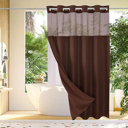 Gibelle No Hook Waffle Weave Shower Curtain with Snap-in Fabric Liner Set for Bathroom, Hotel Style with Mesh Top Window, Waterproof & Washable, Brown, 72x74