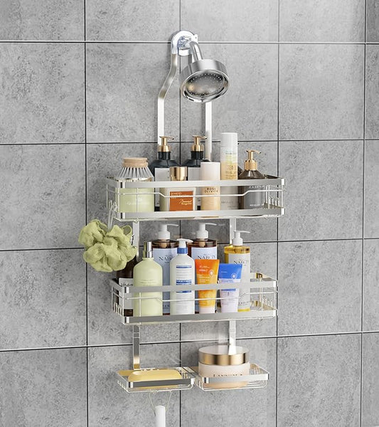 OMAIRA Shower Caddy Hanging with Soap Scrub Holder, Stainless Steel Adjustable No Drilling Non-Slip Large Capacity Sturdy Over Shower Head Shower Organizer Inside Shelves Bathroom Storage Rack, Silver