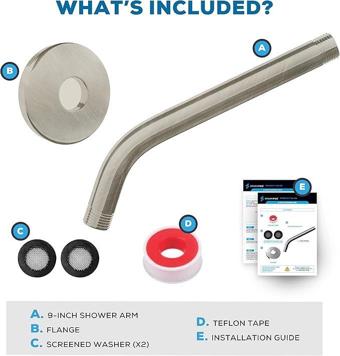 SparkPod 9 Inch Shower Arm with Flange - Solid Stainless Steel Shower Head Extension Arm, Wall-Mounted for Fixed & Handheld Showerheads - Teflon Tape Included (Tall 9", Elegant Brushed Nickel)