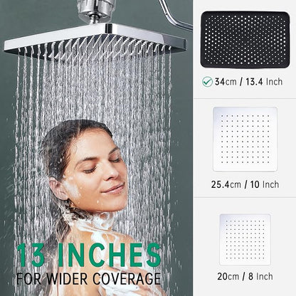 13 Inch Filtered Rainfall Shower Head with Multi-Function Handheld Sprayer Combo, 3-Way Metal Extended Diverter with Holder and Metal Adjustable Curved Shower Extension Arm, Extra Long Hose Chrome