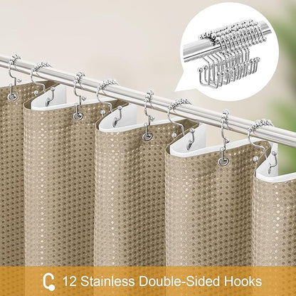 3 in 1 Extra Long Beige Shower Curtain Set-72 W x 84 H, Tan Waffle and PEVA Liner Set with 12 Stainless Steel Hooks, Waterproof Fabric for Bathroom