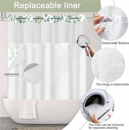 No Hook Shower Curtain and Liner Set, Light Green Eucalyptus Floral Shower Curtains for Bathroom, Bath Curtain Sets with Snap in Liner, Waterproof with See Through Top Window, 71x77 Inches