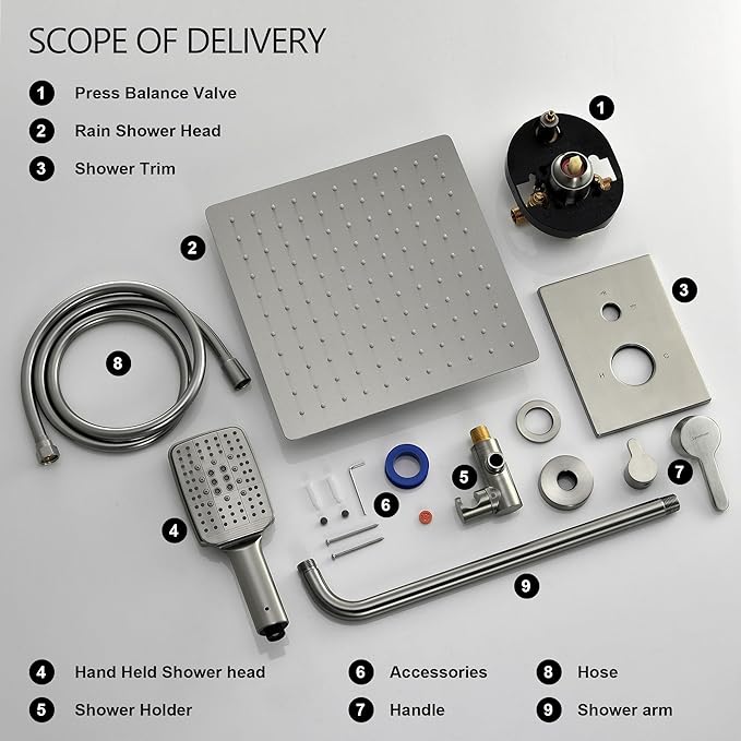 Shower Faucet Set - 12 inches Rain Shower System with 6 Function Handheld Shower Head Rough in Pressure Balance Valve Kit - Stainless Steel Bathroom Shower Kit Complete Brushed Nickel